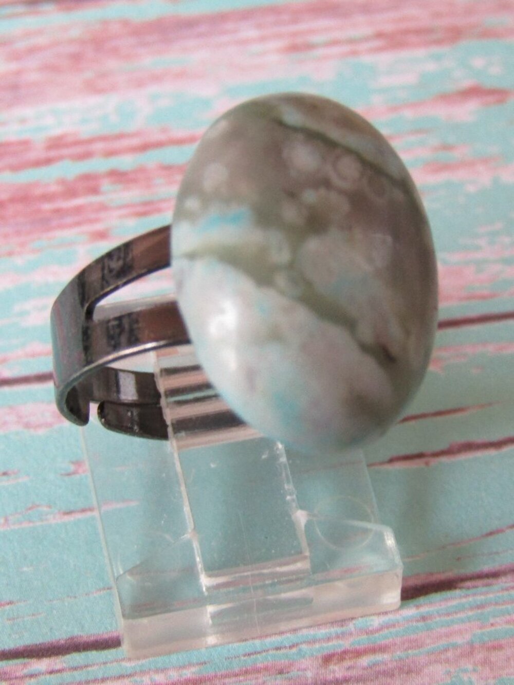 Blue & Grey Jasper Oval Stone Black Ring 6.5-7.5 Size Adjustable